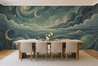 Teal Galaxy Celestial Mural in a dining room