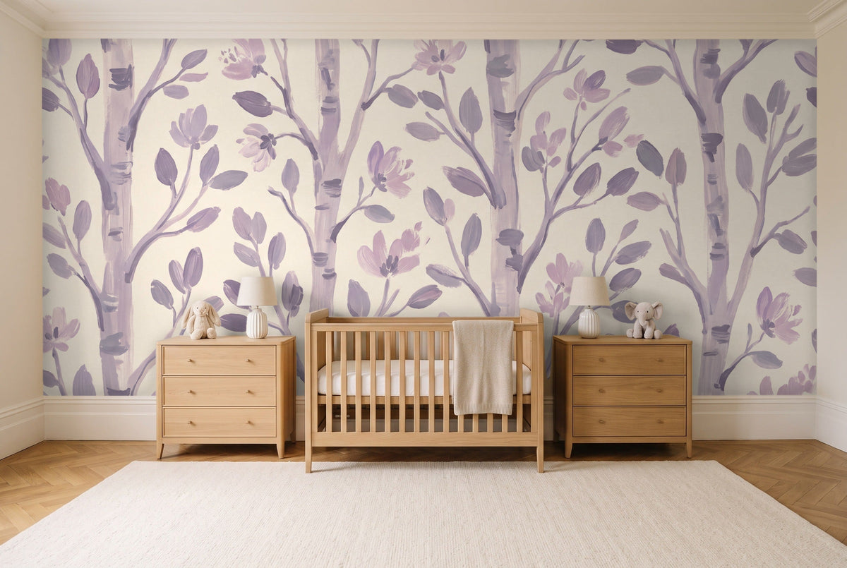 Lilac Birch Botanical Mural in a nursery
