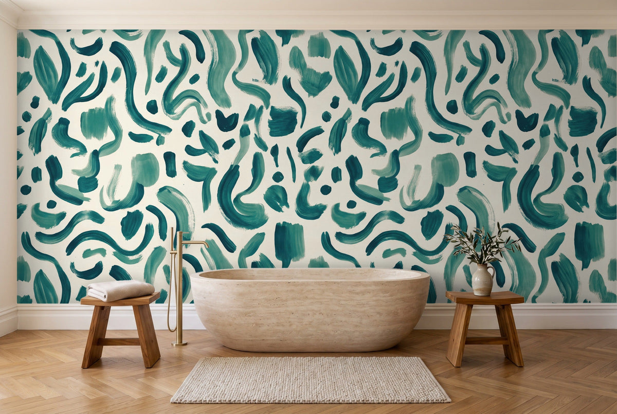 Teal Brushstroke Abstract Mural in a bathroom