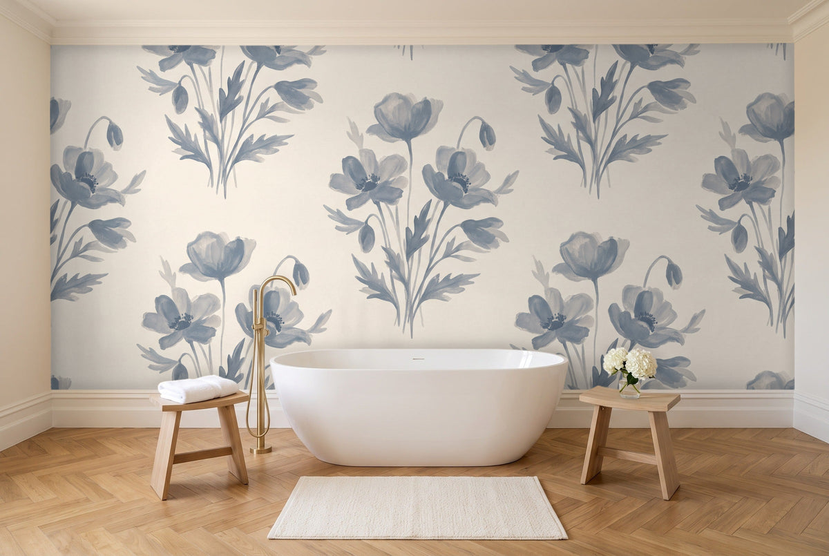 Blue And Grey Poppy Floral Mural in a bathroom