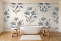 Blue And Grey Poppy Floral Mural in a bathroom