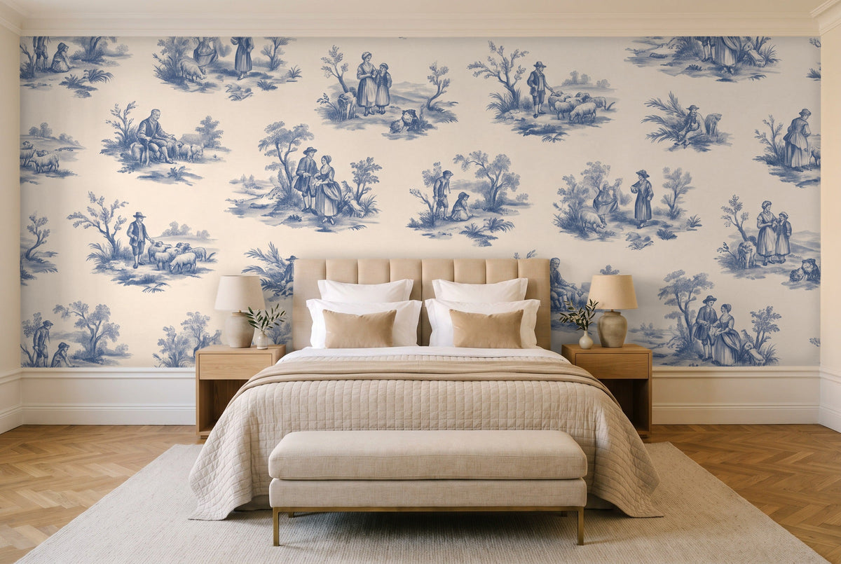 Blue And White Toile Mural in a bedroom