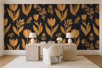 Black And Gold Tulip Floral Mural in a home office
