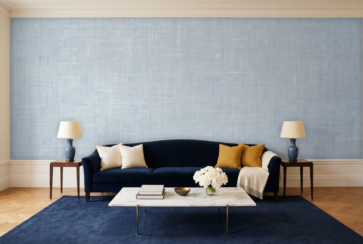 Light Blue Linen Texture Mural in a living room
