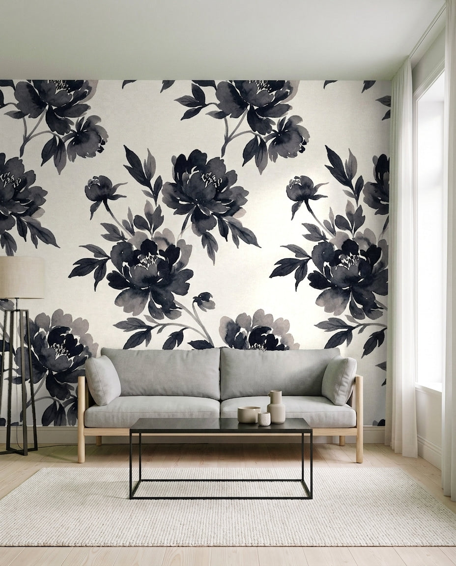Black Peony Floral Mural in an interior