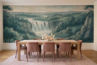 Teal Waterfall Landscape Mural in a dining room