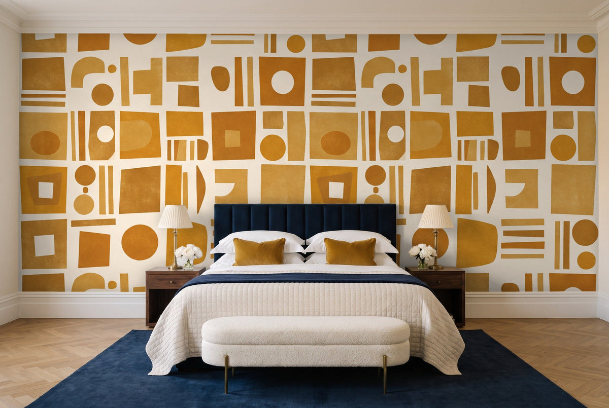Ochre Grid Geometric Mural in a bedroom