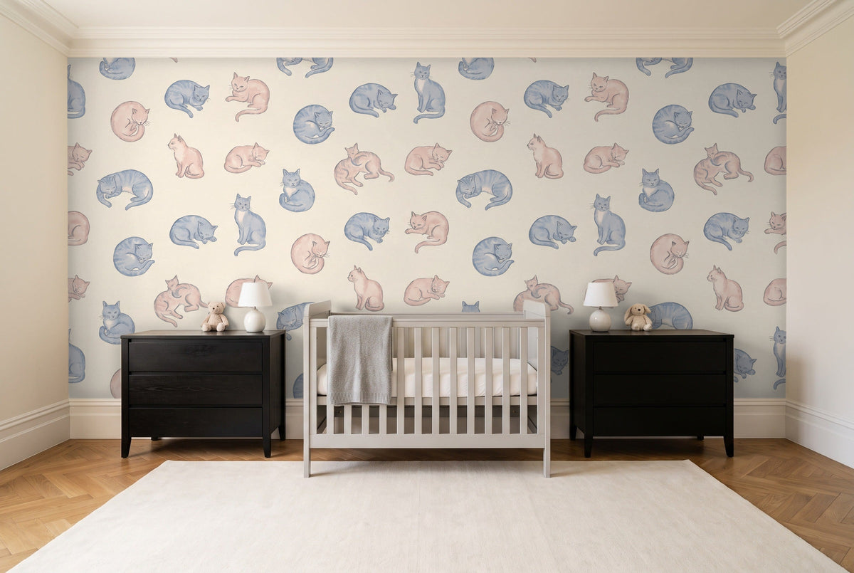 Blue And Pink Cat Animal Mural in a nursery