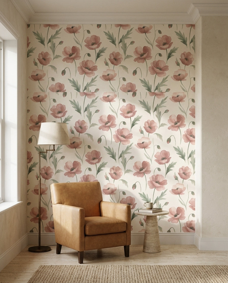 Pink Poppy Floral Mural on a feature wall