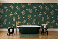 Green And Gold Olive Branch Botanical Mural in a bathroom