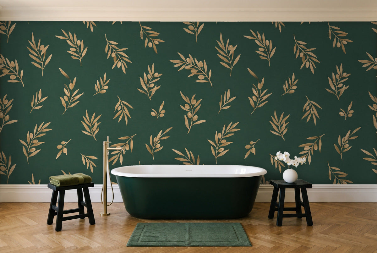 Green And Gold Olive Branch Botanical Mural in a bathroom