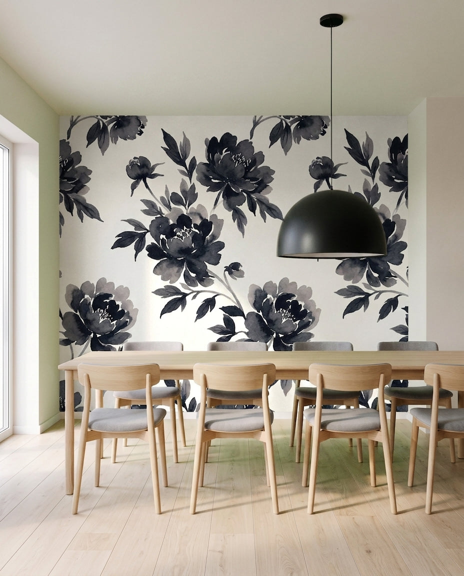 Black Peony Floral Mural on a feature wall