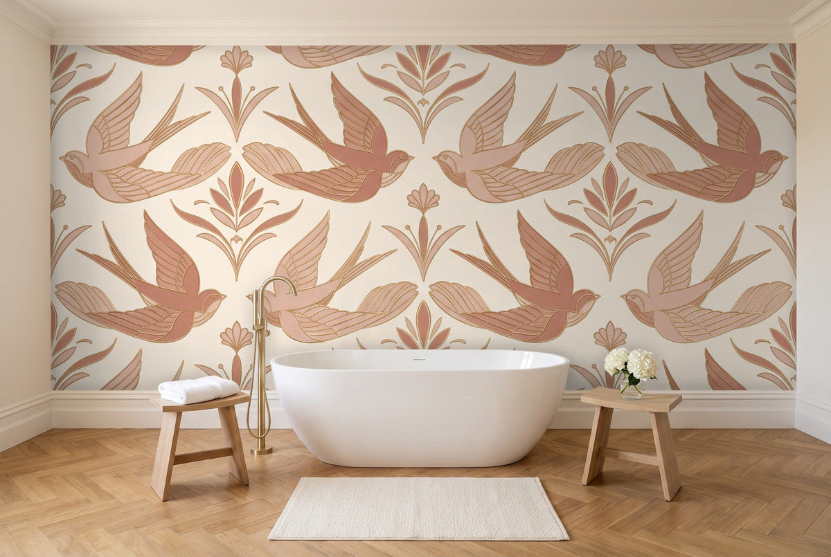 Blush Swallow Animal Mural in a bathroom