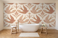 Blush Swallow Animal Mural in a bathroom