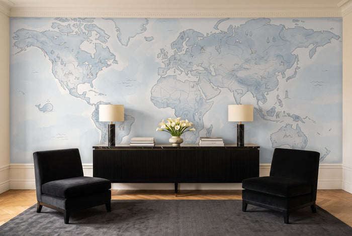 Light Blue World Map Map Mural