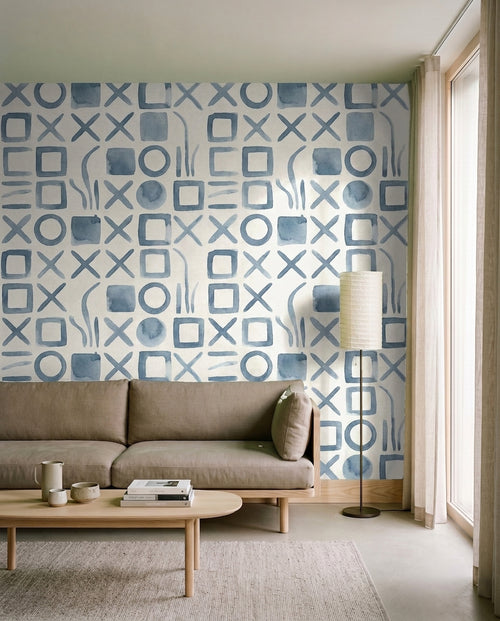 Blue Grid Geometric Mural on a feature wall