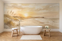 Ochre Beach Sunset Landscape Mural in a bathroom