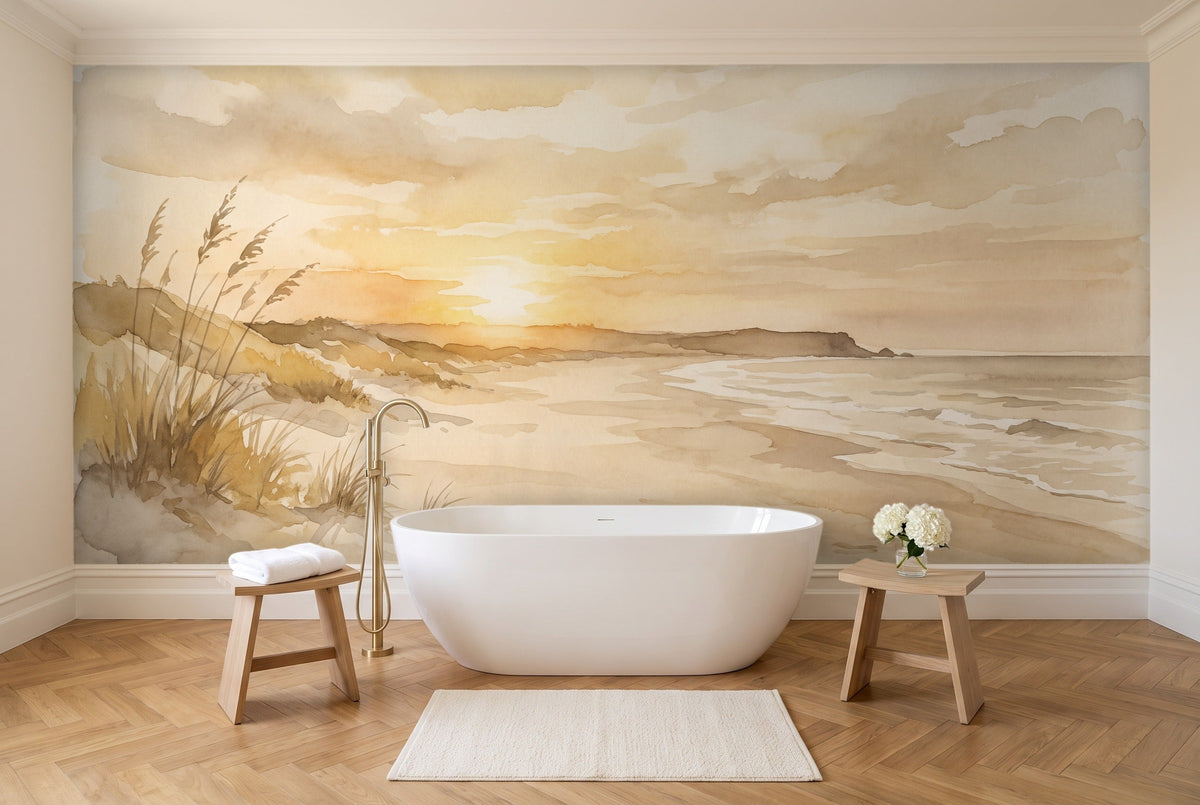Ochre Beach Sunset Landscape Mural in a bathroom