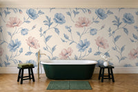 Blue And Pink Poppy Floral Mural in a bathroom