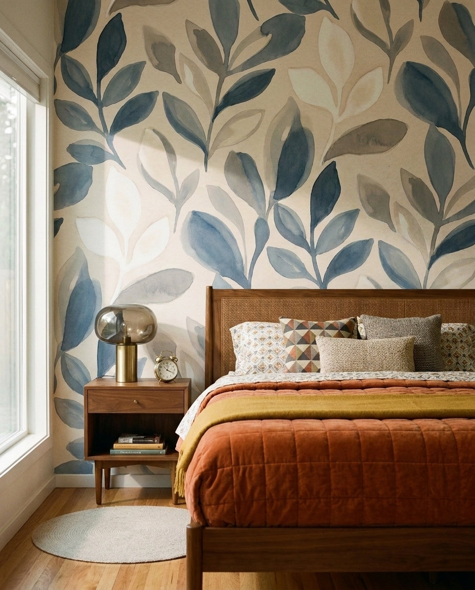 Blue-and-grey Leaf Botanical Mural in an interior