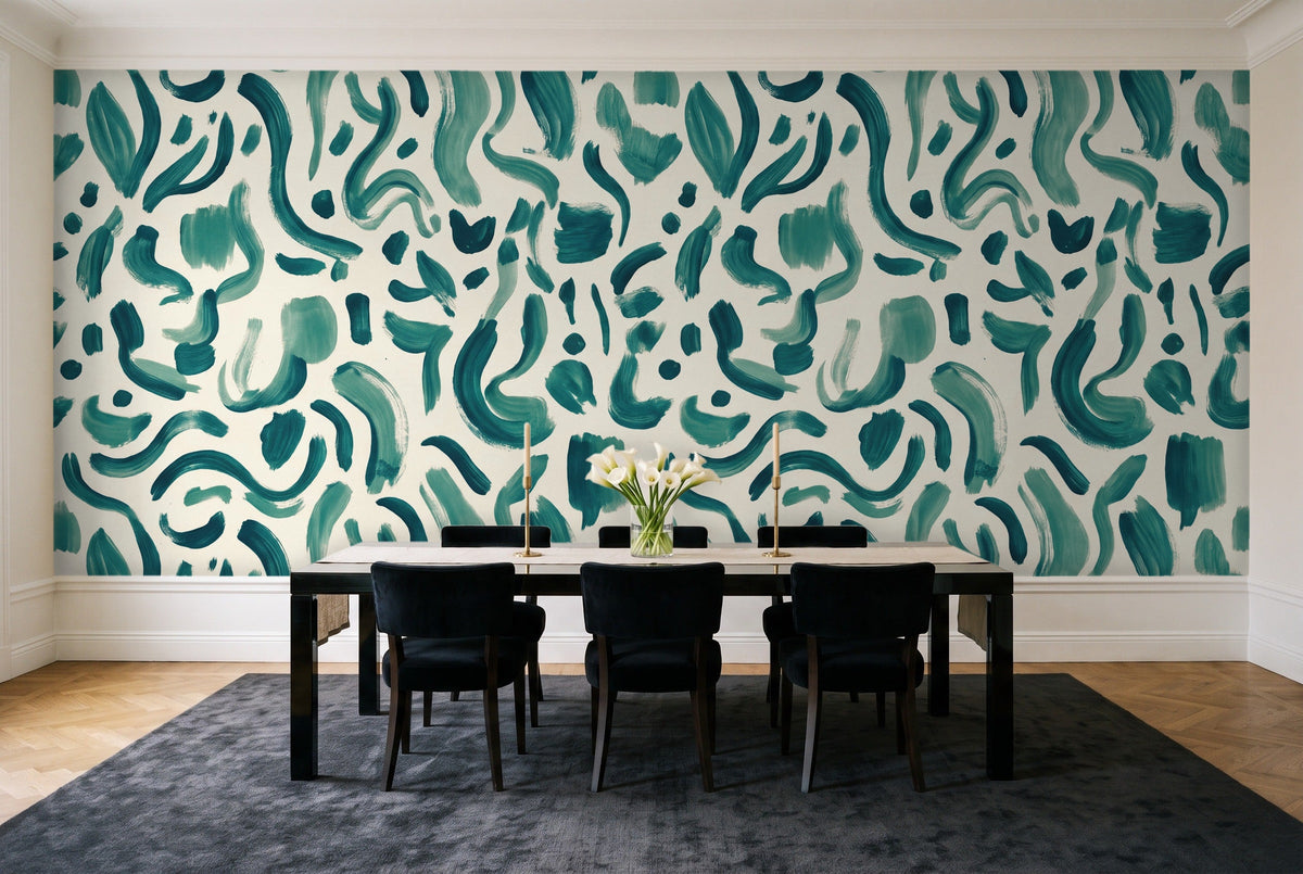 Teal Brushstroke Abstract Mural in a dining room