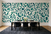 Teal Brushstroke Abstract Mural in a dining room