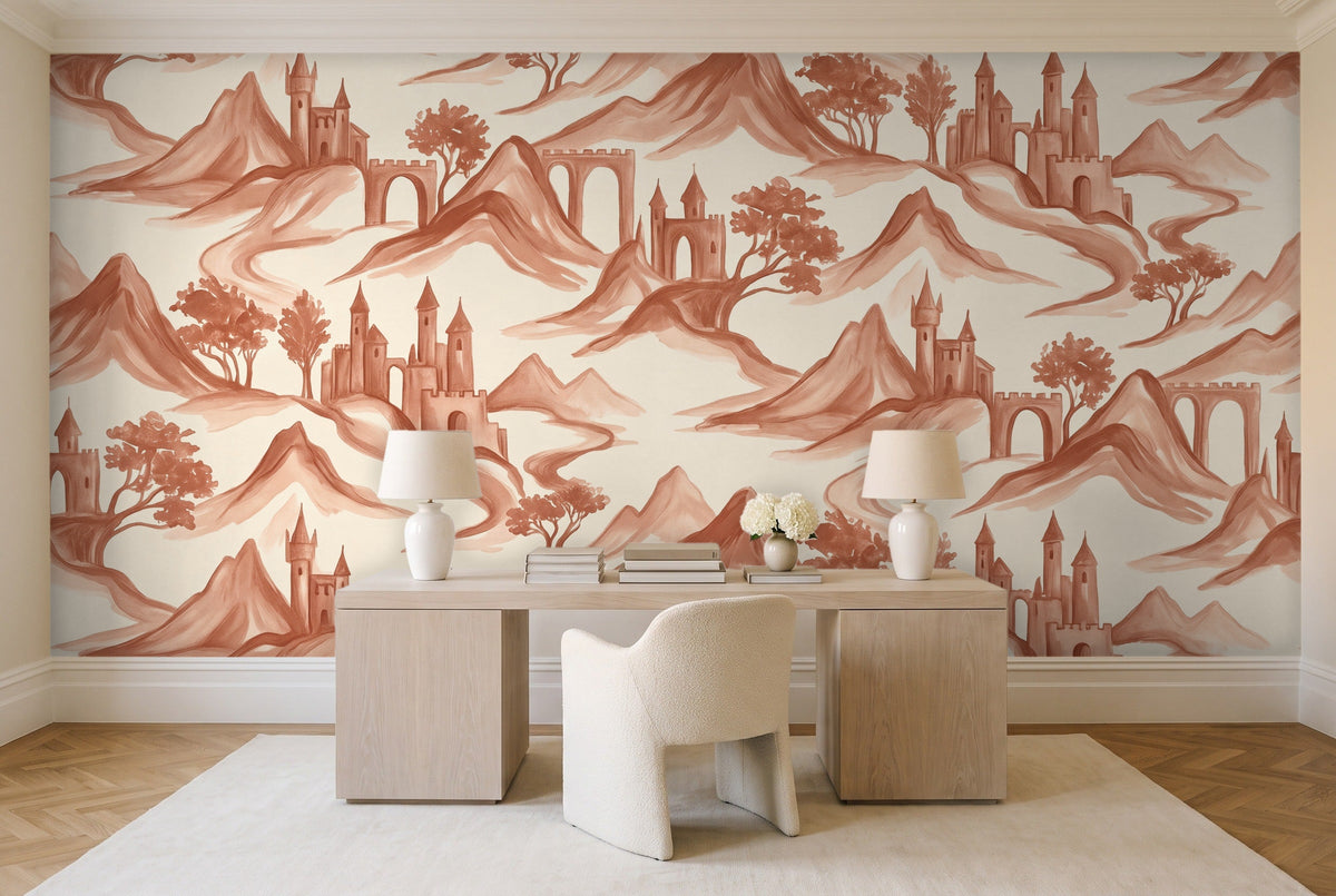Terracotta Mountain Landscape Mural in a home office