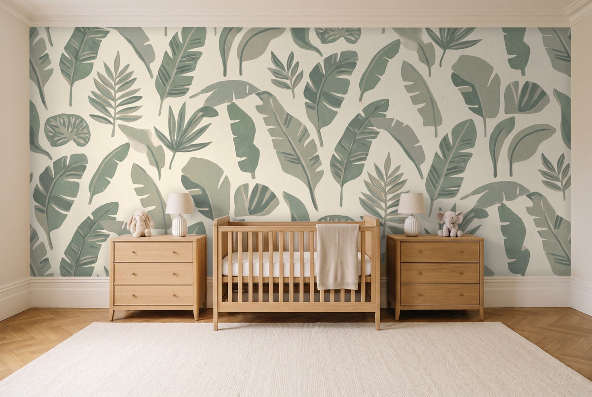 Sage Banana Leaf Tropical Mural in a nursery