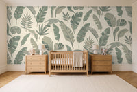 Sage Banana Leaf Tropical Mural in a nursery