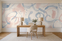 Blue And Pink Brushstroke Abstract Mural in a home office