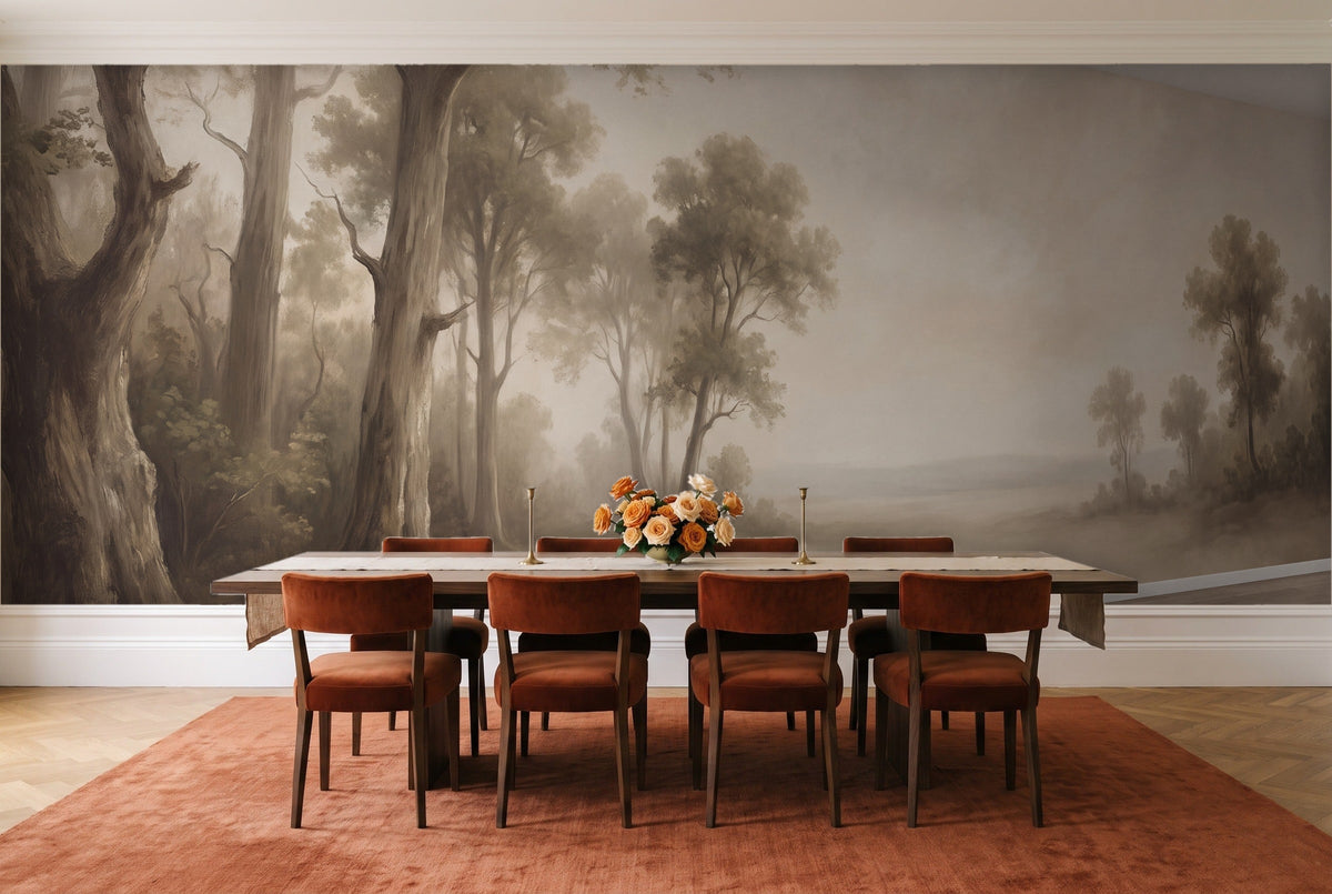Beige Forest Landscape Mural in a dining room