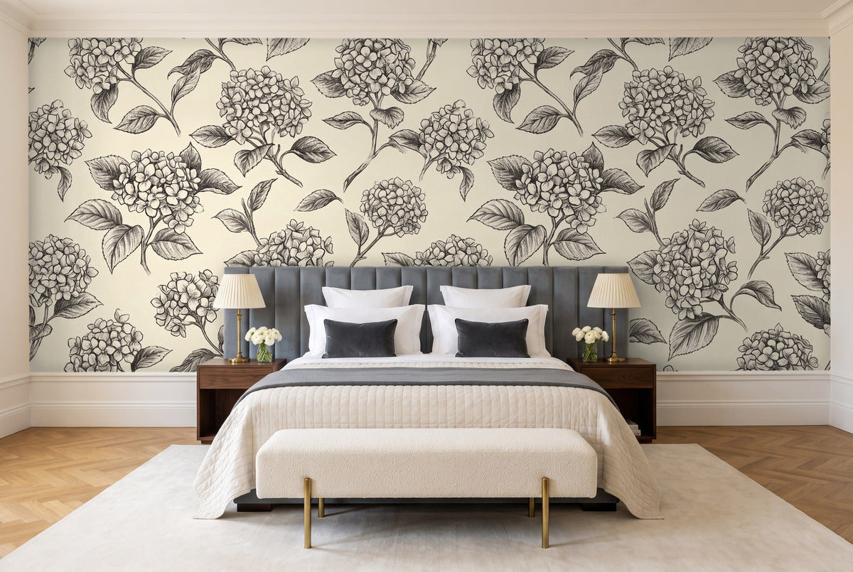 Black And White Hydrangea Floral Mural in a bedroom
