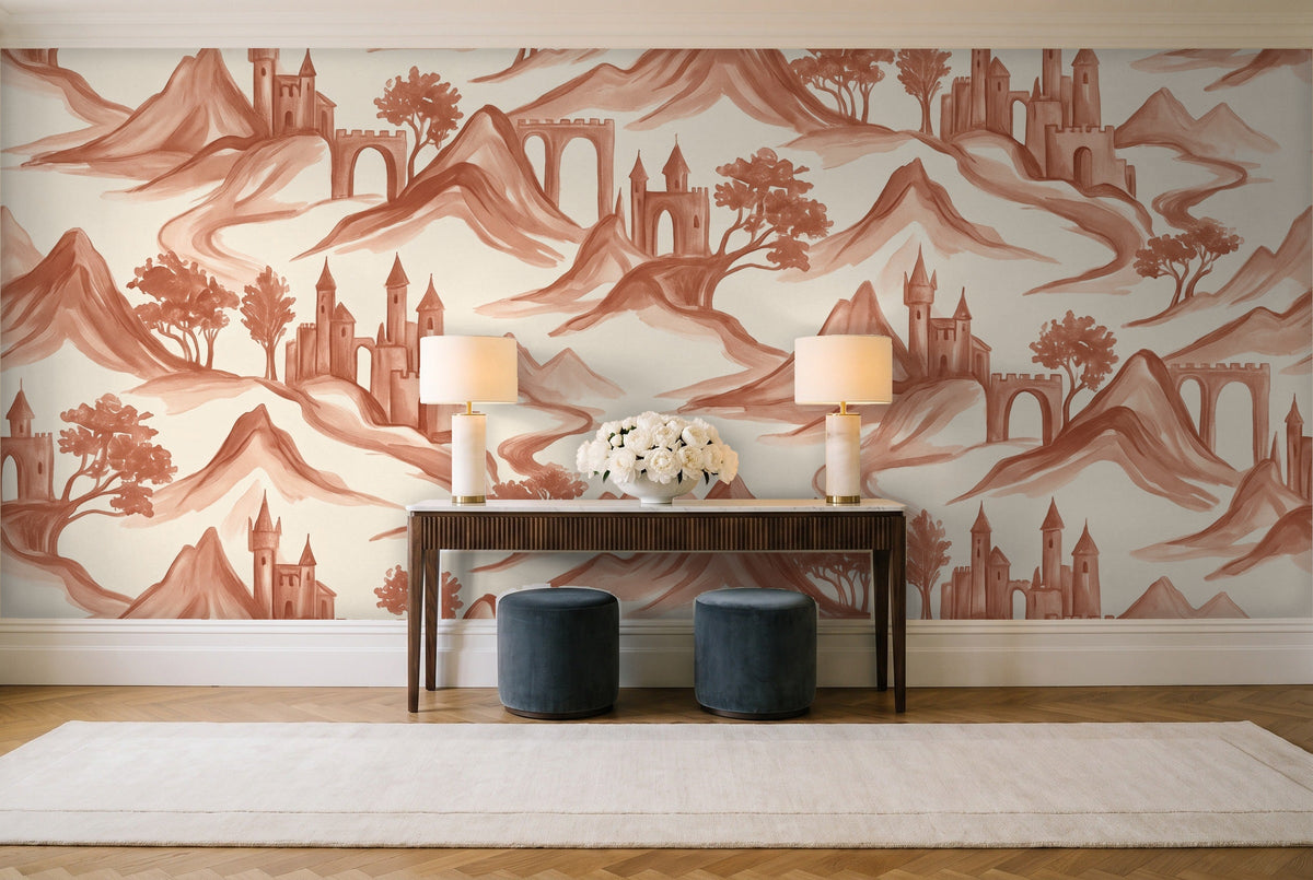 Terracotta Mountain Landscape Mural in an entryway