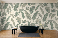Sage Banana Leaf Tropical Mural in a bathroom