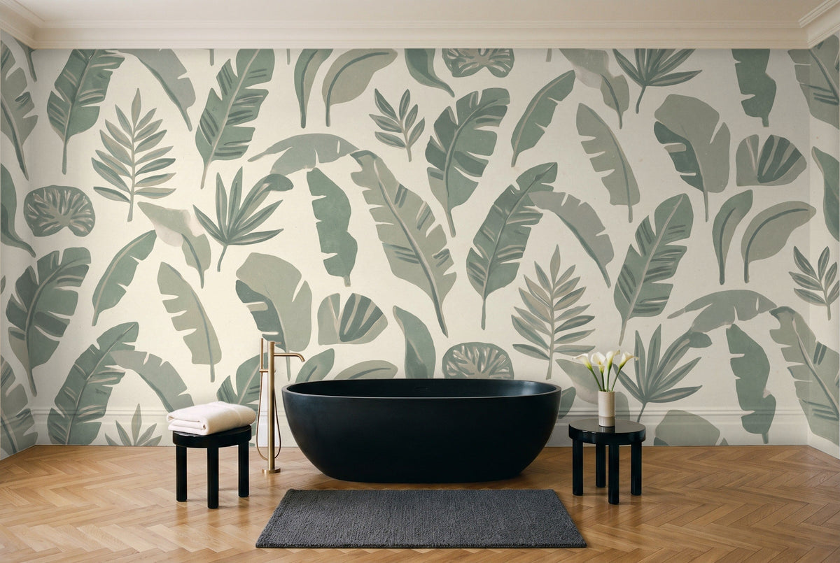 Sage Banana Leaf Tropical Mural in a bathroom