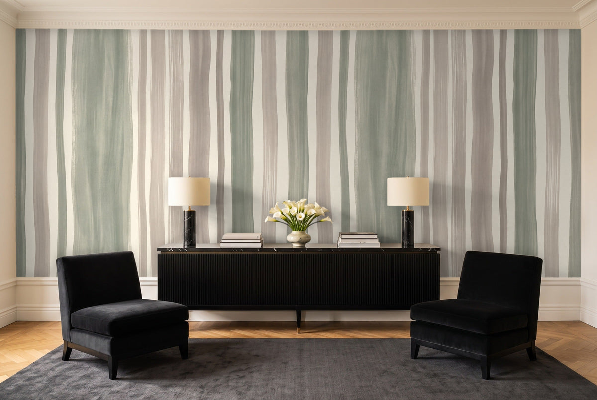 Sage Stripe Mural in a living room