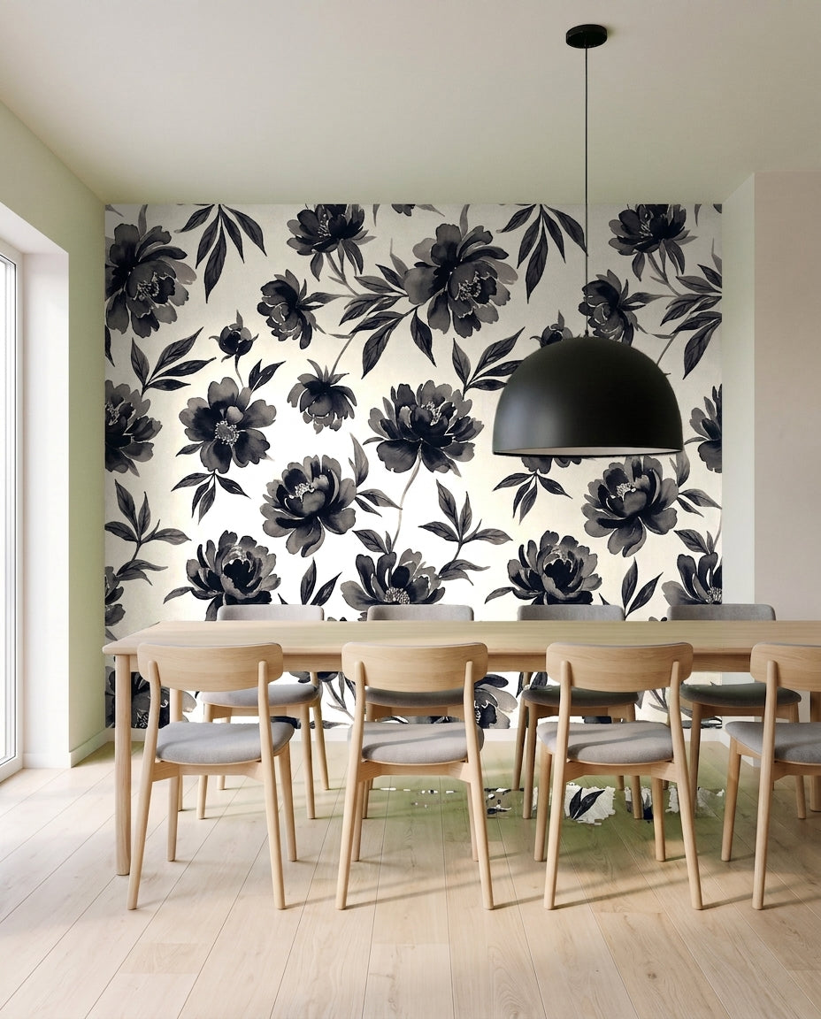 Black-and-white Peony Floral Mural in an interior