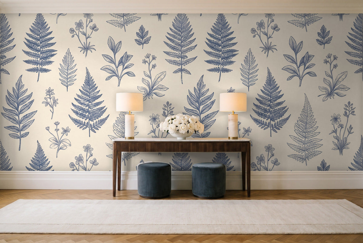 Blue And White Fern Botanical Mural in an entryway