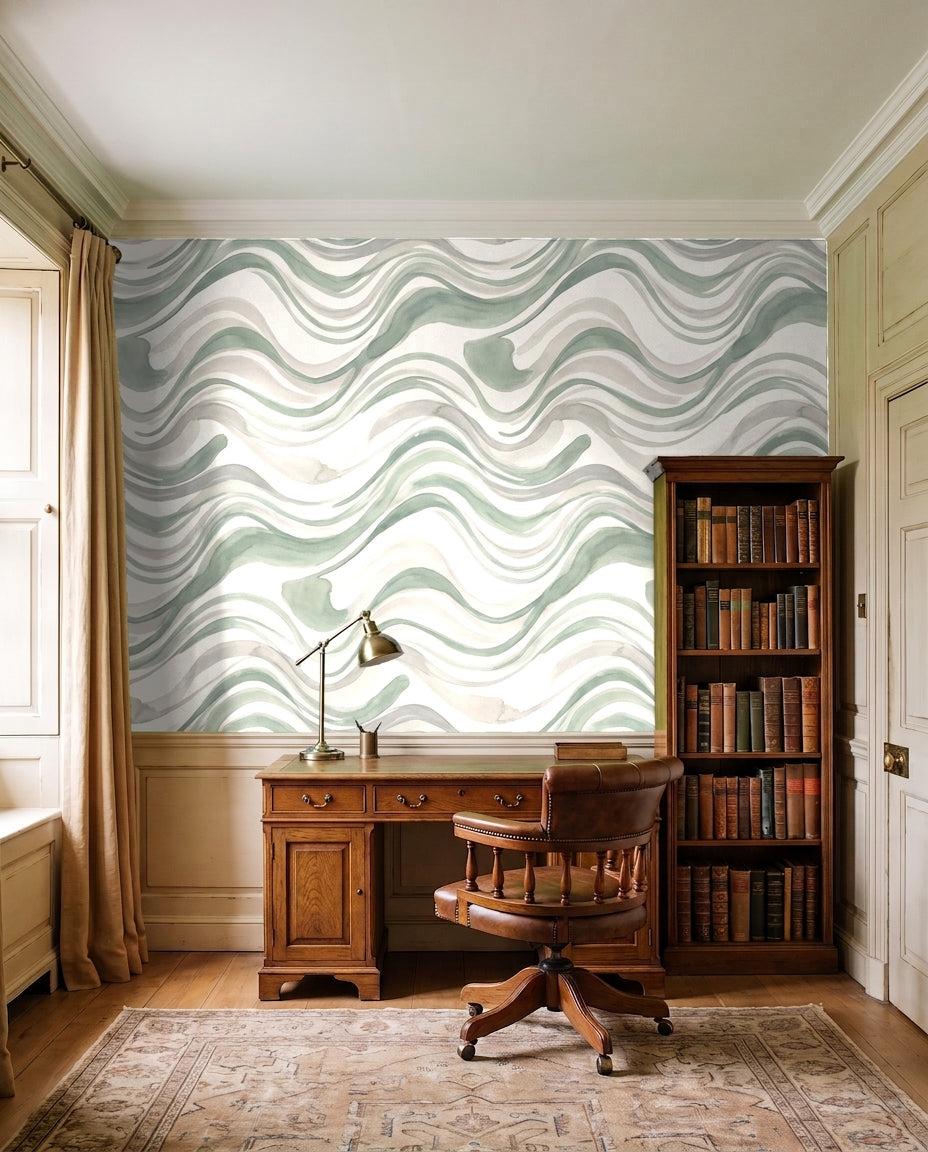 Sage Wave Abstract Mural on a feature wall