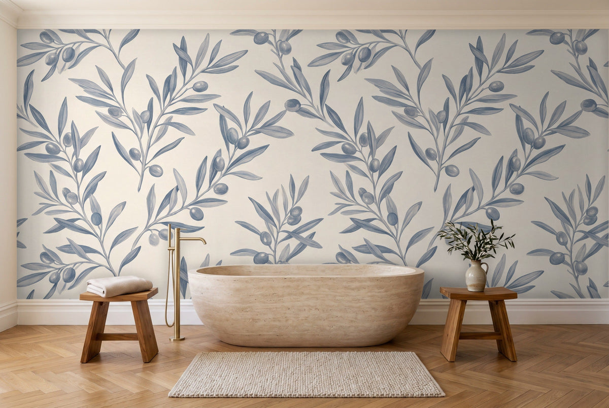 Blue And Grey Olive Branch Botanical Mural in a bathroom