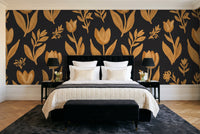 Black And Gold Tulip Floral Mural in a bedroom