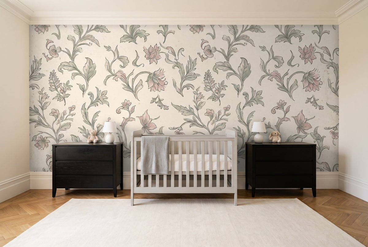 Green And Pink Leaf Botanical Mural in a nursery