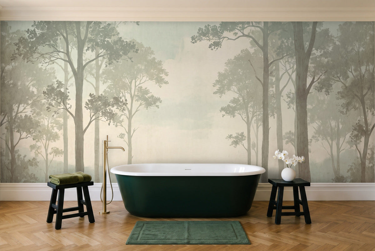 Mint Forest Landscape Mural in a bathroom