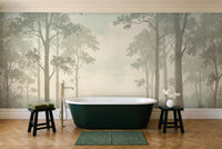 Mint Forest Landscape Mural in a bathroom