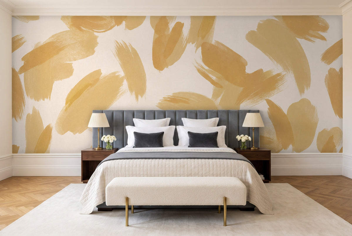 Mustard Brushstroke Abstract Mural in a bedroom