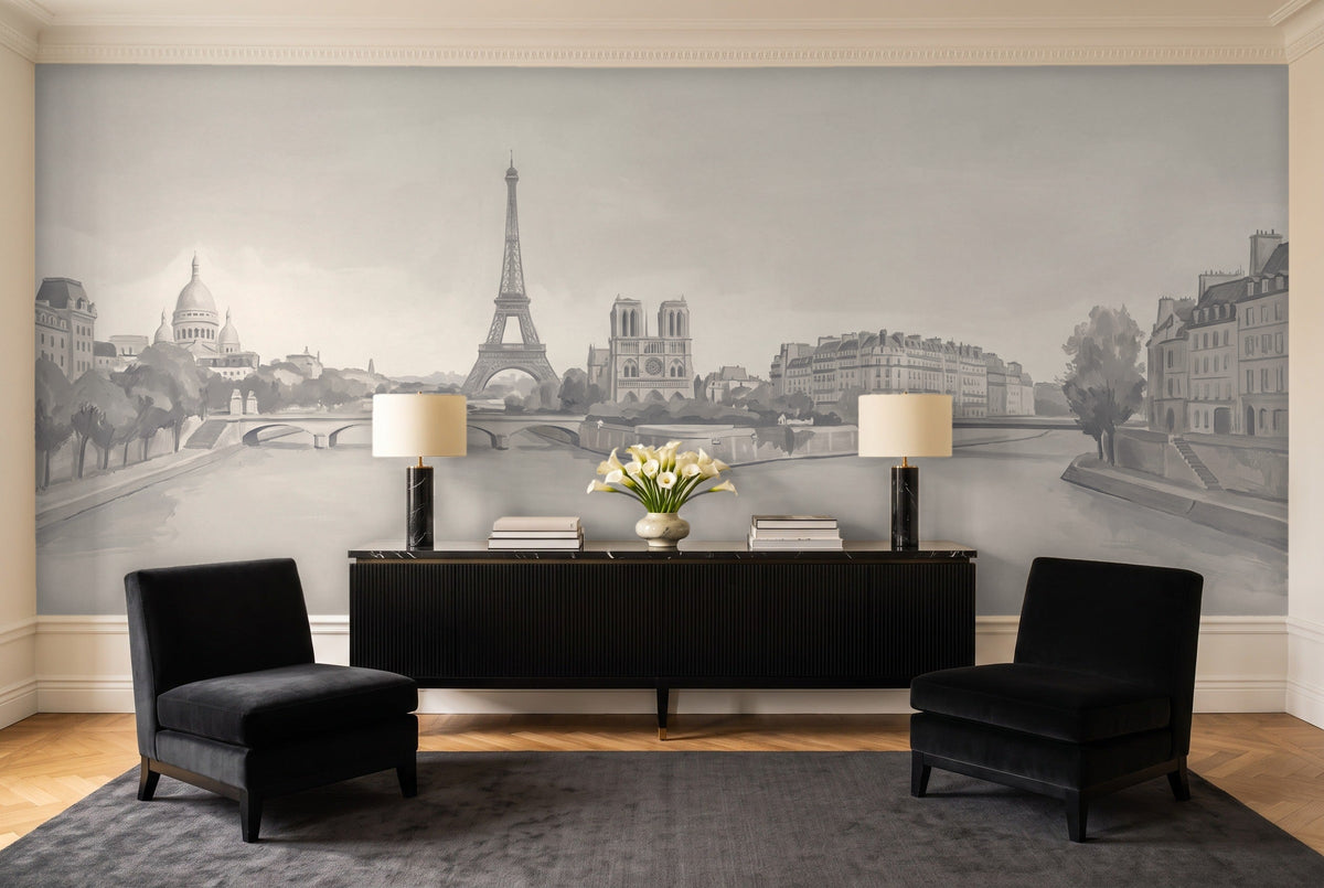 Grey Paris Cityscape Mural in a living room