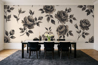 Black And White Rose Floral Mural in a dining room