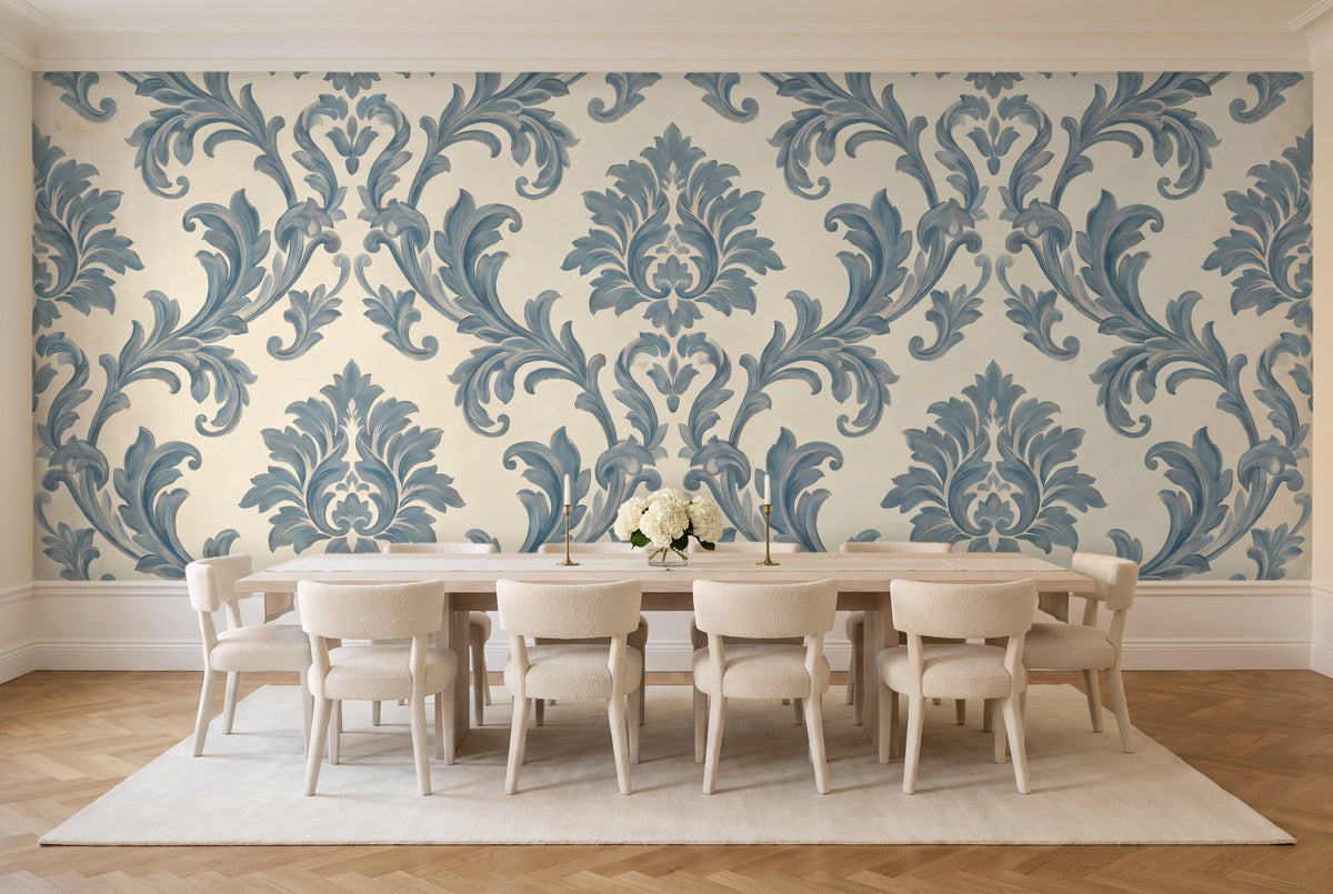 Blue Scroll Damask Mural in a dining room
