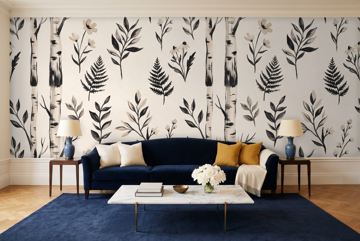 Black And White Birch Botanical Mural in a living room