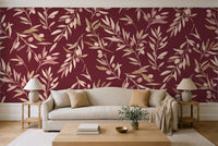 Burgundy Olive Branch Botanical Mural in a living room